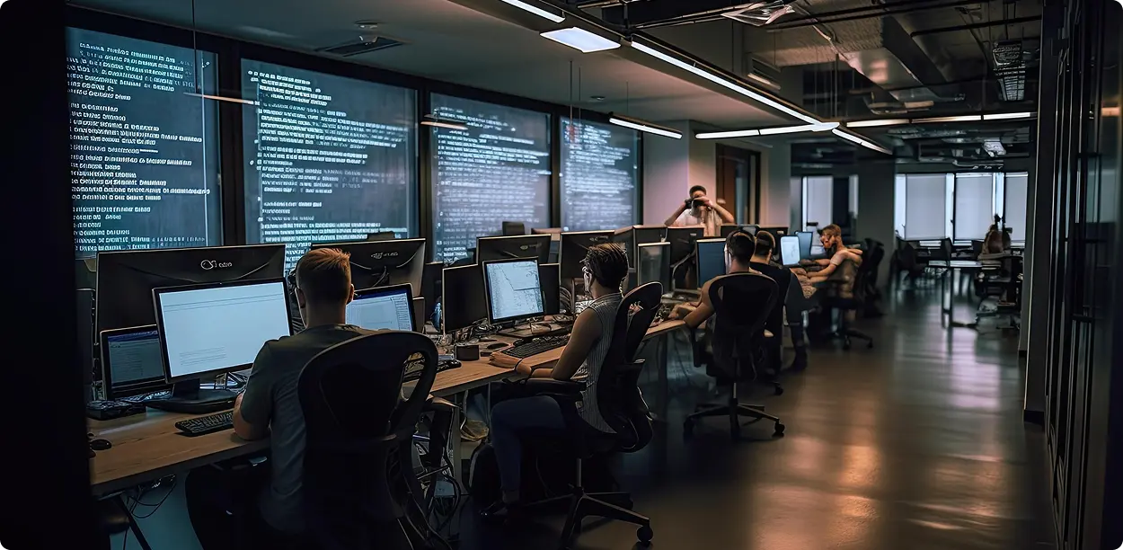 Software development team working on code in a modern open-space office